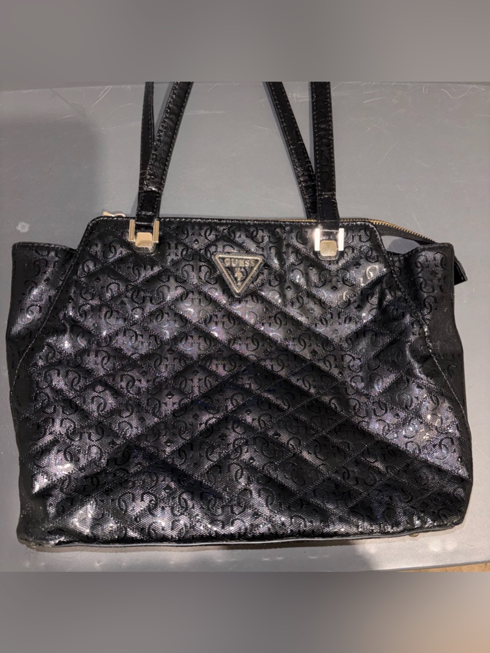 Guess Black Quilted Logo Tote with Gold Hardware